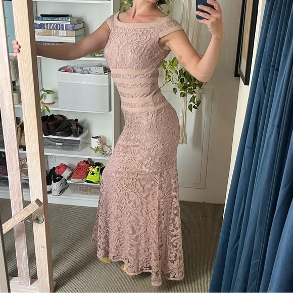 Tadashi Shoji Off The Shoulder Dusty Rose Floor Length Lace Gown - Picture 2 of 5